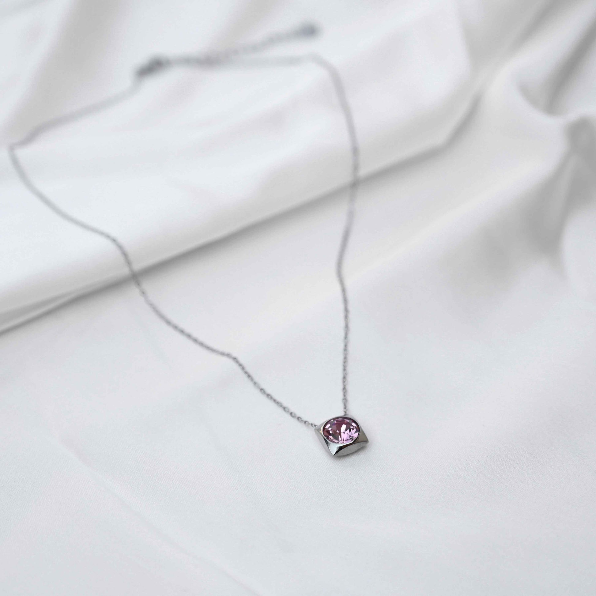 Pink crystal Pendant Necklace: Silver Chain - anti Tarnish jewellery