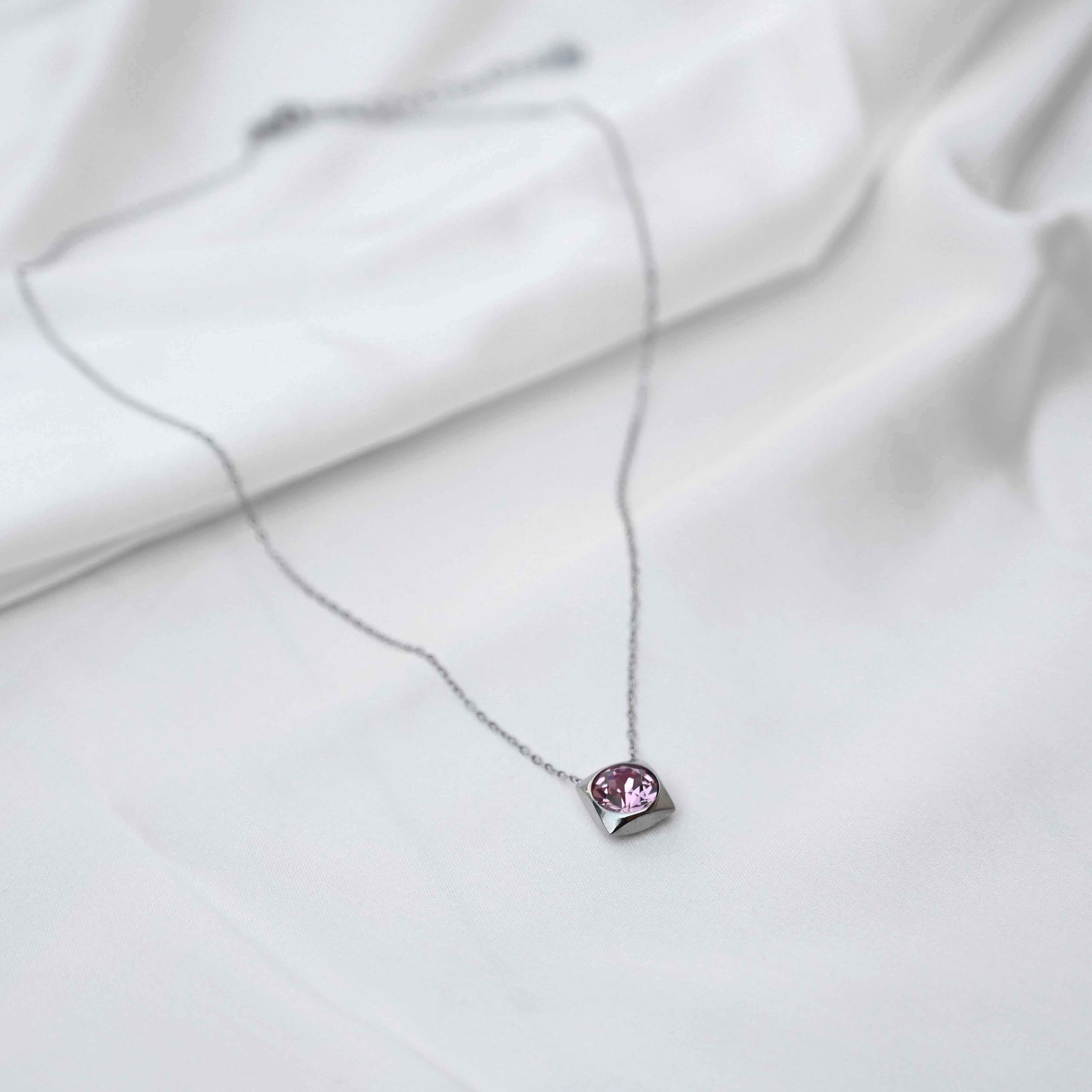 Pink crystal Pendant Necklace: Silver Chain - anti Tarnish jewellery