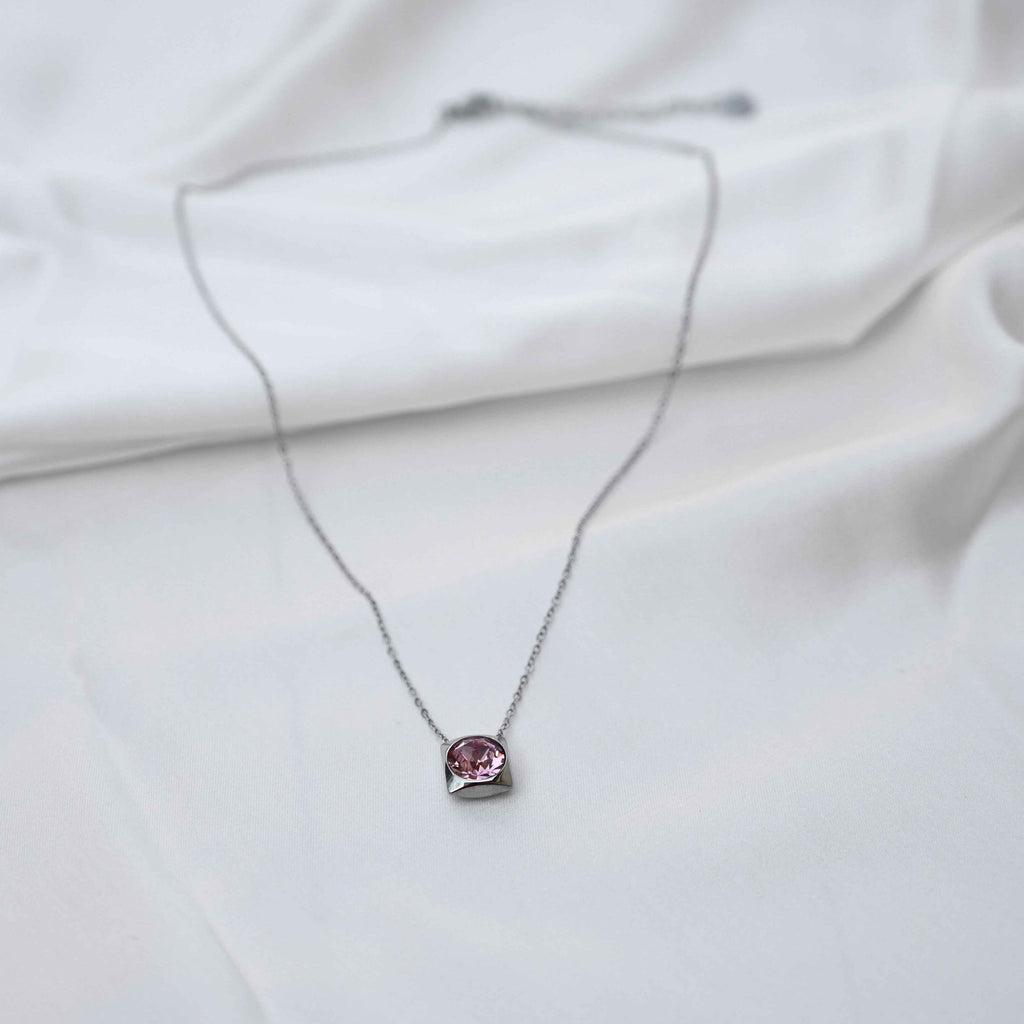 Pink crystal Pendant Necklace: Silver Chain - anti Tarnish jewellery