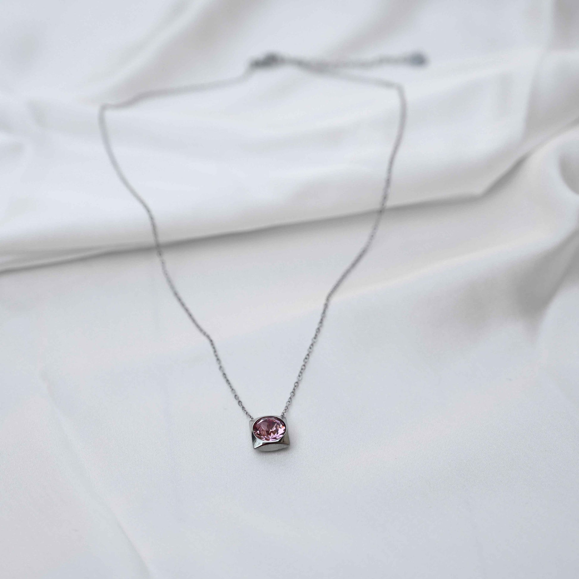 Pink crystal Pendant Necklace: Silver Chain - anti Tarnish jewellery