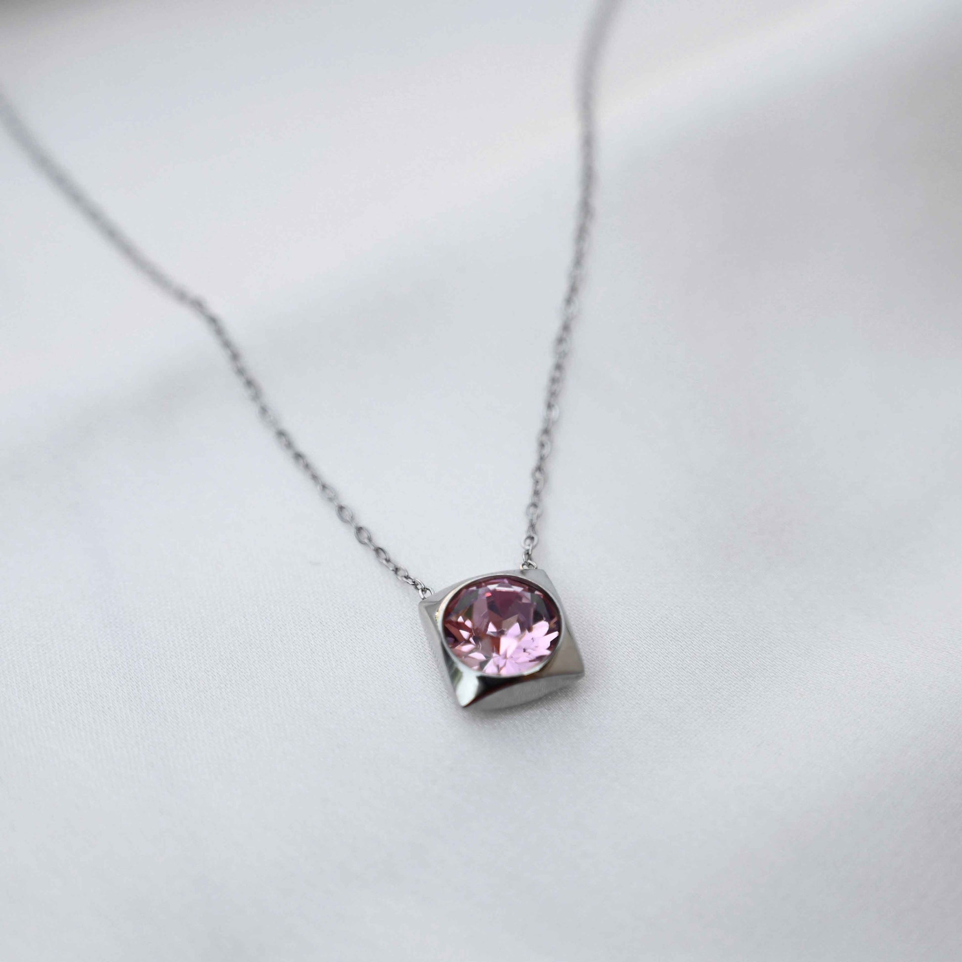 Pink crystal Pendant Necklace: Silver Chain - anti Tarnish jewellery