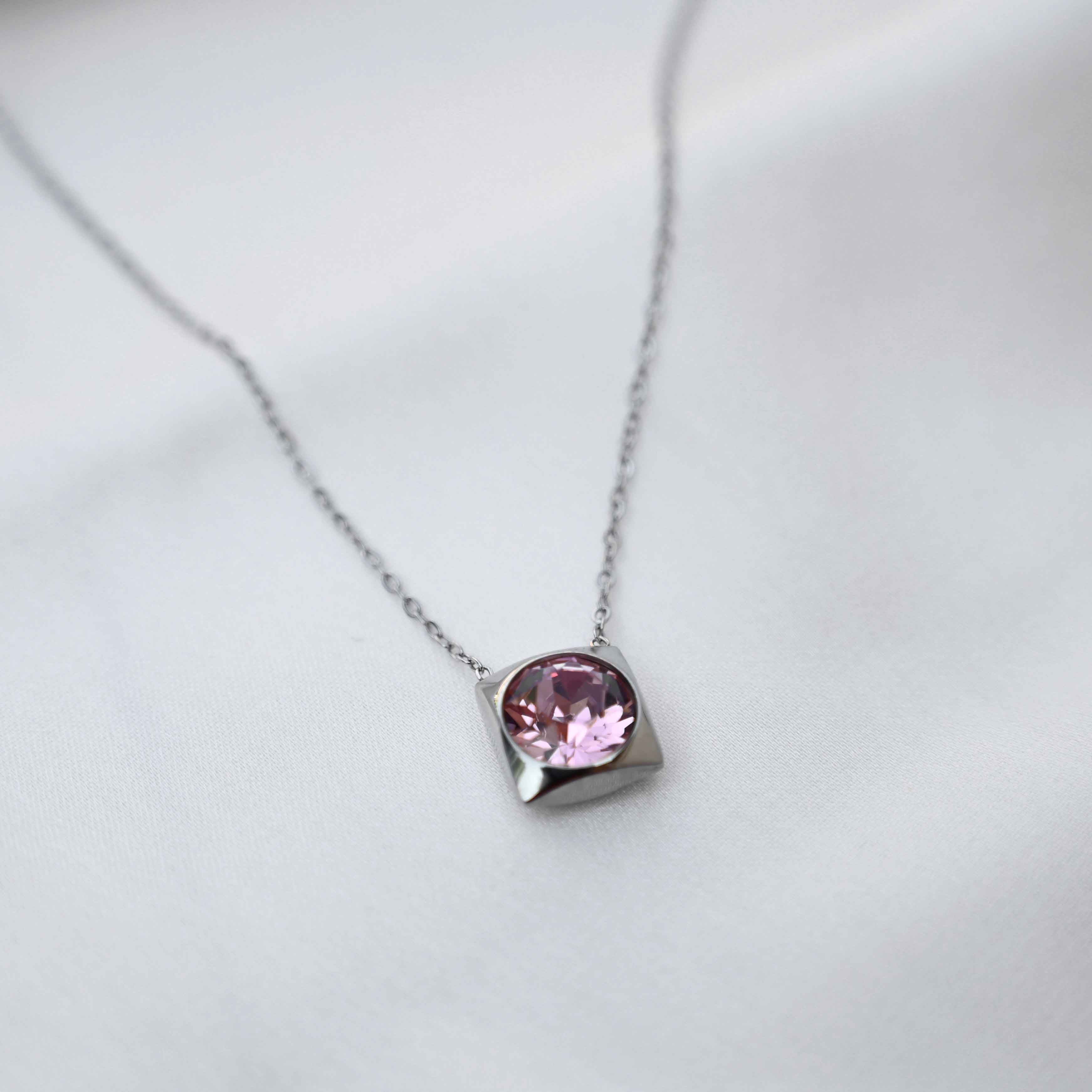Pink crystal Pendant Necklace: Silver Chain - anti Tarnish jewellery