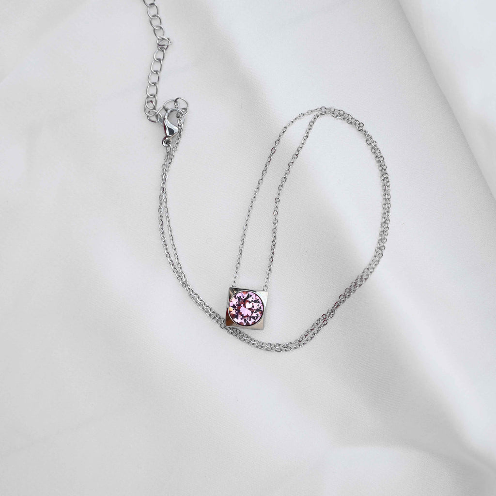 Pink crystal Pendant Necklace: Silver Chain - anti Tarnish jewellery