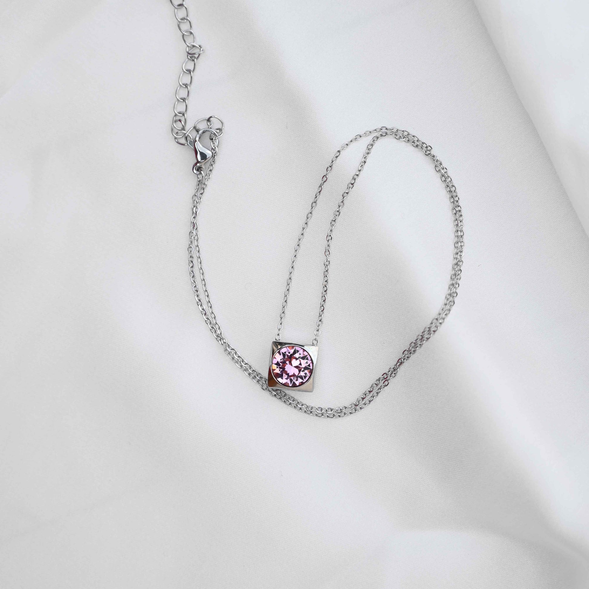 Pink crystal Pendant Necklace: Silver Chain - anti Tarnish jewellery