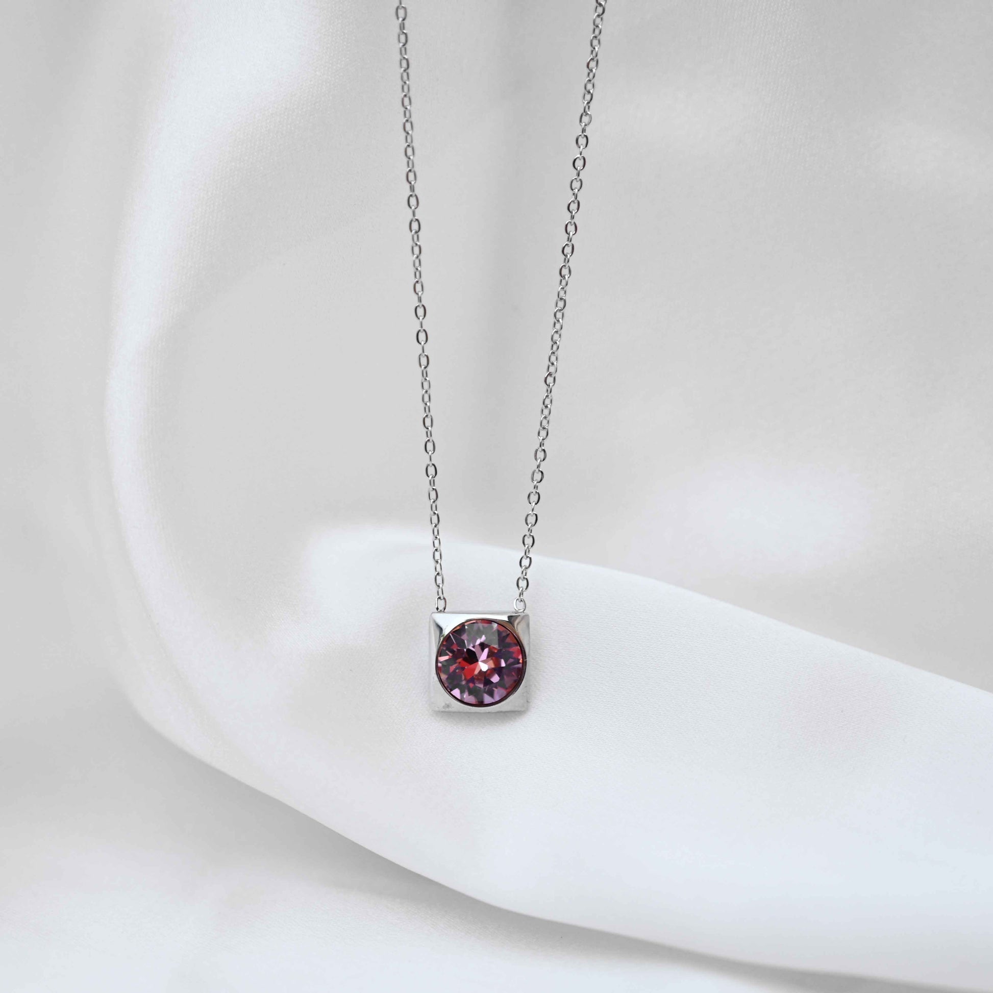 Pink crystal Pendant Necklace: Silver Chain - anti Tarnish jewellery